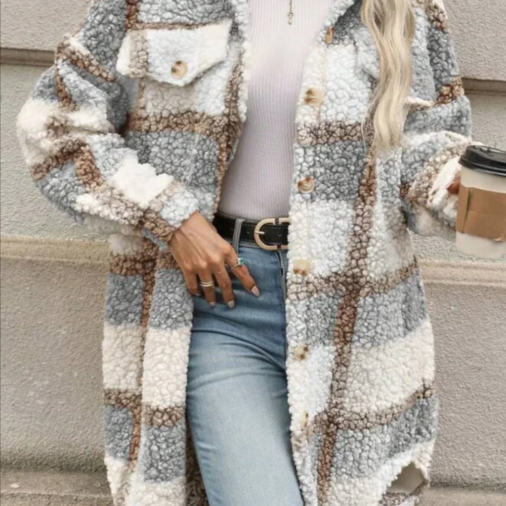 ❤️ SALE Women’s Long Plaid Teddy Jacket Womens Shacket Plaid Jacket - Picture 2 of 7